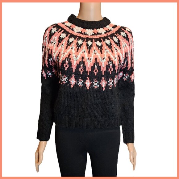 Hooked Up by IOT Juniors' Fair Isle Crewneck Sweater NWT Black & Pink Small - Picture 1 of 9